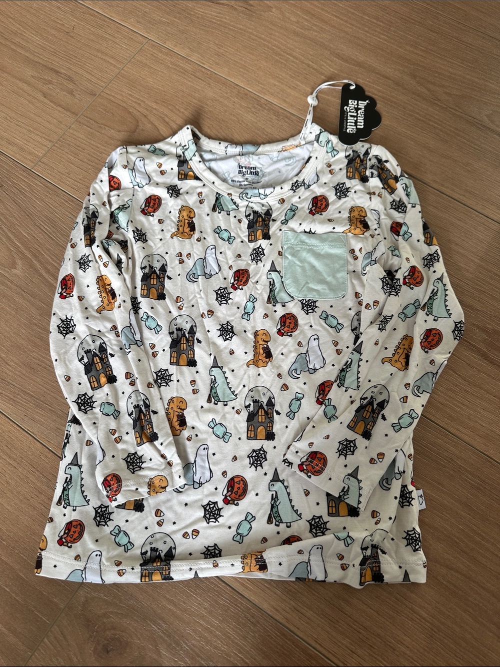 Children's White Halloween Print Long-Sleeve Top with Mint Pocket
